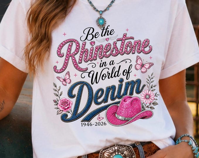 Be the Rhinestone in a World of Denim Tee, Country Music Memorial, Western Cowgirl Faux Rhinestones, Dolly Tribute Shirt 1946-2026