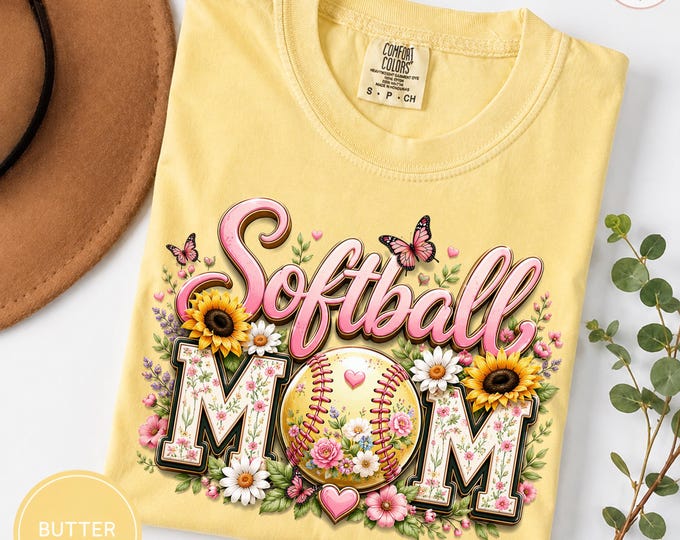 Floral Sunflowers Softball Mom Shirt, Garden Butterfly Tee, Game Day T-Shirt (Comfort Colors)