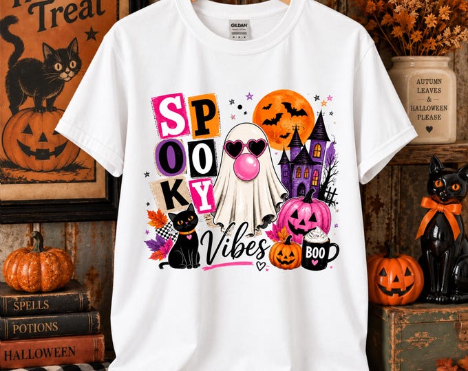Spooky Vibes Halloween graphic T-Shirt | Ghost Pumpkin Witch