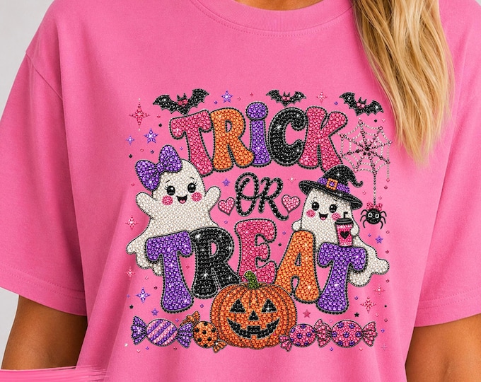 Trick or Treat Shirt | Faux Rhinestone Halloween Tee | Sparkly Ghost Pumpkin Graphic | Girly Spooky Season Top | Glam October Outfit