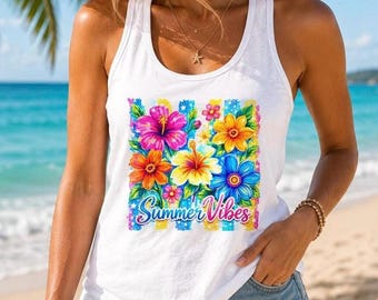 Summer Vibes Floral Tank Top, Bright Colorful Flower Shirt, Beach Vacation Tank, Tropical Summer Racerback, Cute Vacation Outfit