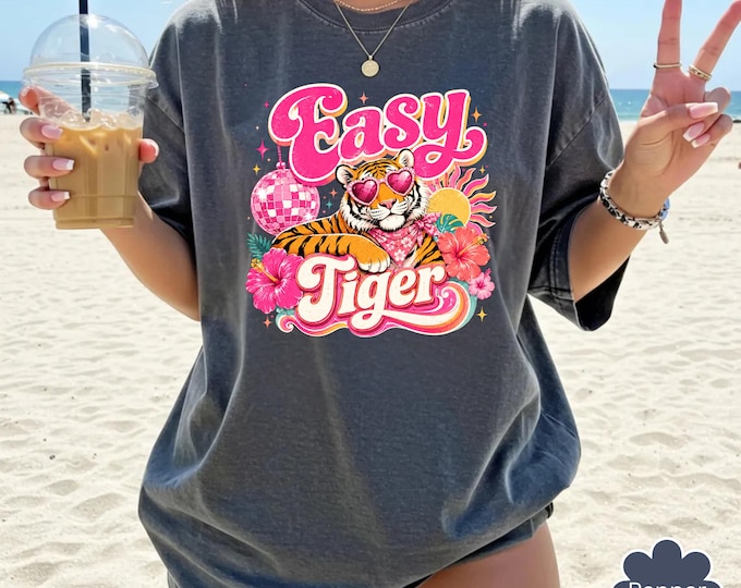 Easy Tiger Graphic T-shirt | Retro Floral Tiger Artwork, Pink Typography