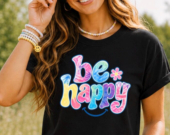 Be Happy Tie Dye Smile T-Shirt | Retro Groovy Flower Tee
