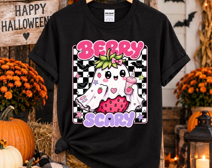 Berry Scary Ghost T-Shirt | Halloween Strawberry Ghost, Bats, Preppy Retro Womens 100% cotton Graphic Tee