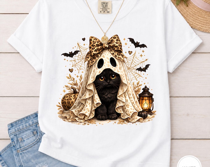 Black Cat Ghost Shirt | Leopard Bow Halloween Tee | Spooky Cat Mom Graphic | Coquette Fall T-Shirt | Witchy Animal Lover Gift