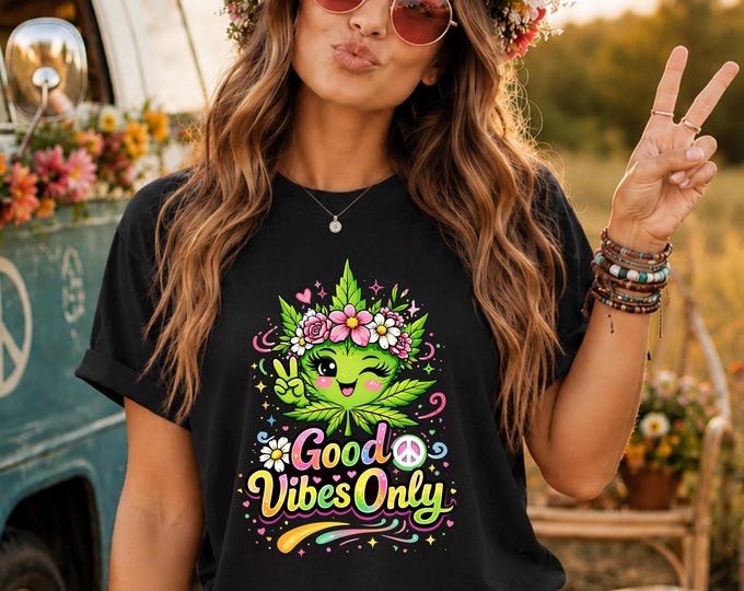 Good Vibes Only Leaf Character T-Shirt | Floral Cannabis Graphic