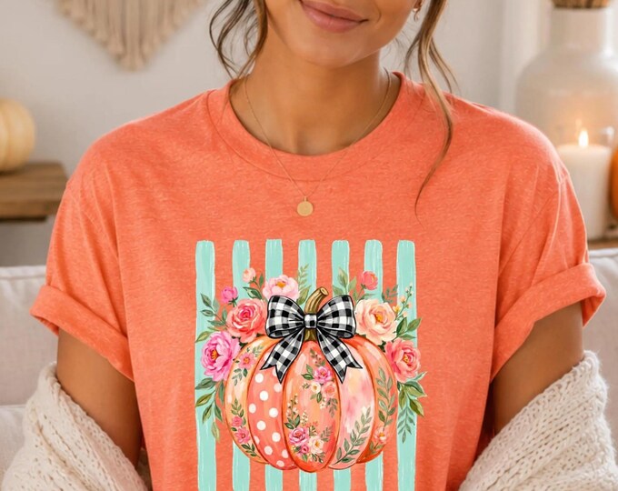 Floral Pumpkin with Gingham Bow T-Shirt | Fall Pumpkin Shirt