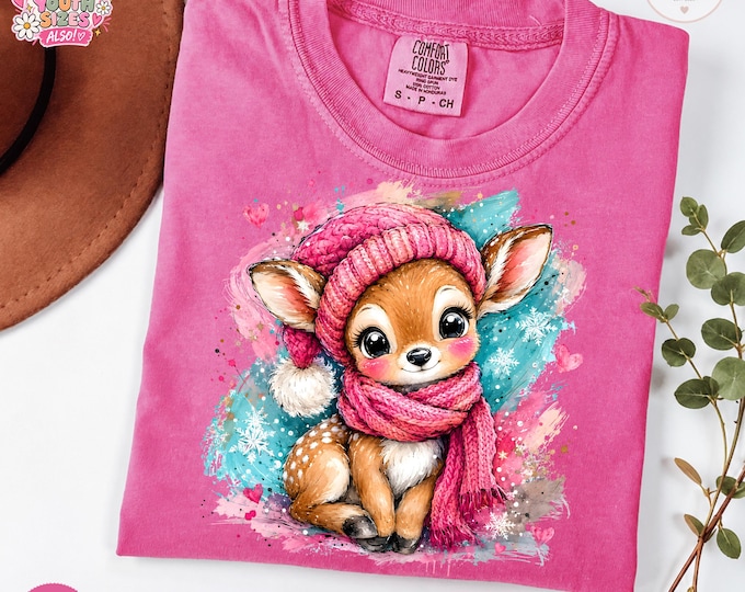 Pink Watercolor Reindeer Shirt | Cozy Baby Deer Tee | Coquette Christmas T-Shirt | Fawn in Scart, Hat, Snowflakes (Adult & Youth sizes)