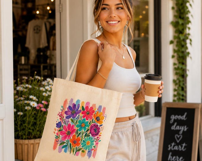 Bright Watercolor Wildflowers Tote Bag | Floral Canvas Market Bag