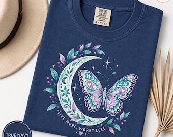 Celestial Butterfly Comfort Colors Shirt, Boho Moon Tee, Live More Worry Less, Vintage Floral Graphic, Spiritual Gift for Her