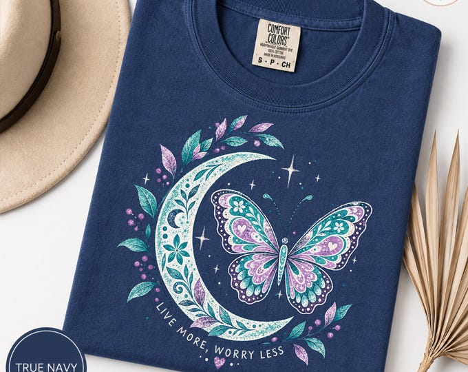 Celestial Butterfly Comfort Colors Shirt, Boho Moon Tee, Live More Worry Less, Vintage Floral Graphic, Spiritual Gift for Her