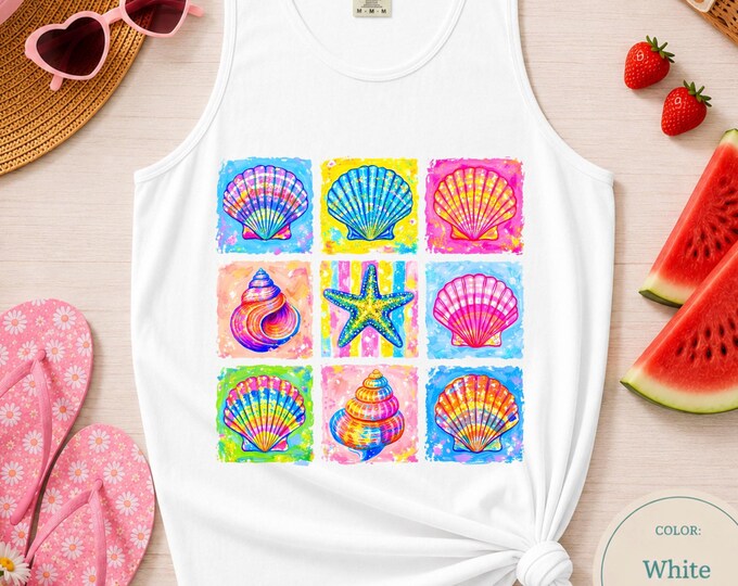 Colorful Seashell Grid Tank Top | Beach Shells, Starfish, Nautical Summer Preppy Comfort Colors Top