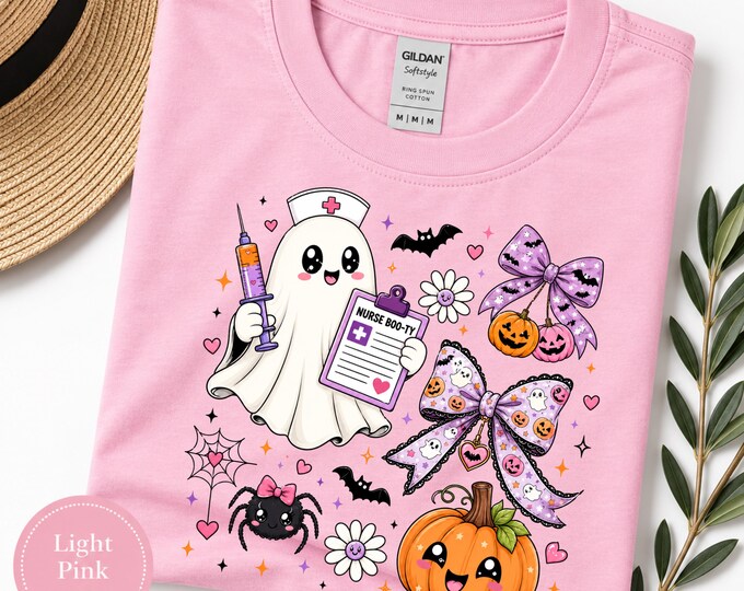 Cute Nurse Ghost Halloween T-Shirt | Halloween bows, pumpkins, syringe, clipboard
