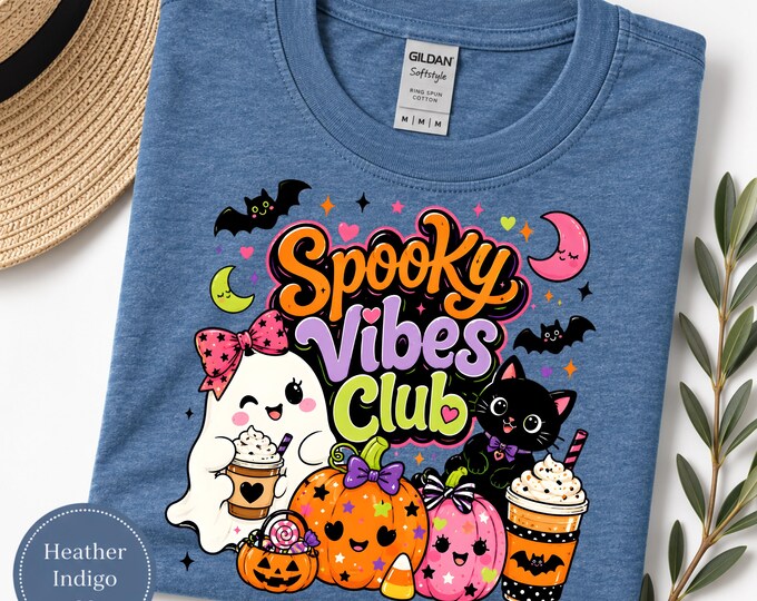 Spooky Vibes Club T-Shirt | Halloween Cute Cats, Ghosts & Pumpkins