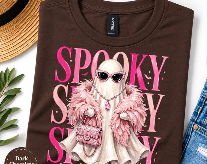 Spooky Glam Ghost T-Shirt | Pink Fur Shawl, Sunglasses, Boojee style Halloween Tee, Sparkle Ghost (100% cotton)
