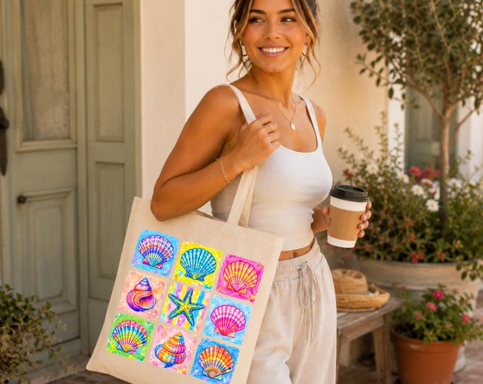 Watercolor Seashell Grid Tote Bag | Beach Shells Canvas Tote