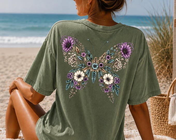 Floral Butterfly Shirt, Comfort Colors Butterfly Tee, Boho Flower T-Shirt, Oversized Nature Shirt, Cottagecore Graphic Tee, Gift for Her