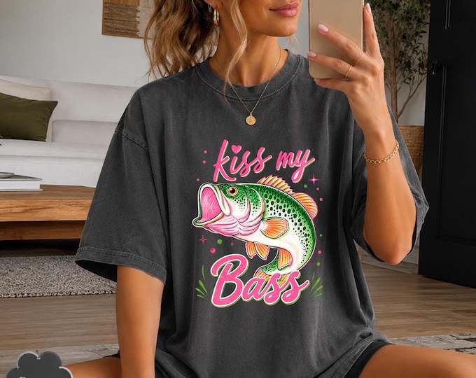 Kiss My Bass Shirt, Funny Fishing Tee, Colorful Largemouth Bass Graphic, Retro Fisherman Gift, Lake Life T-Shirt, Comfort Colors Unisex Top