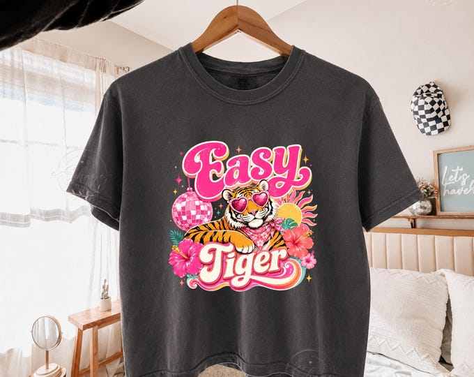 Easy Tiger Shirt, Comfort Colors Boxy Tee, Retro Tiger T-Shirt, Groovy Graphic Tee, Beach Vacation Shirt, Colorful Women's Tee