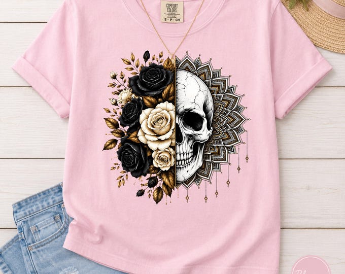 Skull Rose Shirt, Gothic Floral T Shirt, Mandala Skull Tee, Black Rose Comfort Colors Shirt, Boho Gothic Shirt, Alternative Gift for Her