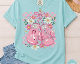 Pink Boxing Gloves Breast Cancer Awareness T-Shirt | Floral Ribbon Graphic