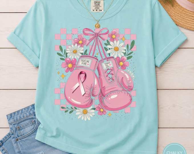 Pink Boxing Gloves Breast Cancer Awareness T-Shirt | Floral Ribbon Graphic