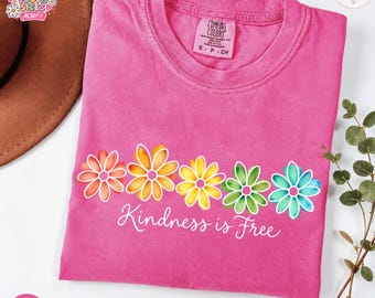 Kindness Is Free Watercolor Rainbow Daisy Flower Tee, Positive Inspirational T-Shirt, Comfort Colors, (Adult & Youth Sizes)
