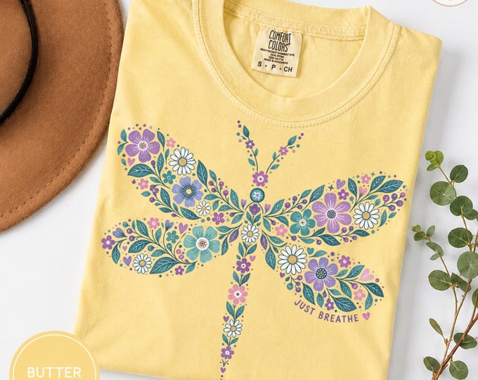 Just Breathe Floral Dragonfly Tee, Boho Wildflower Graphic, Inspirational T-shirt, Flowers, Comfort Colors Shirt