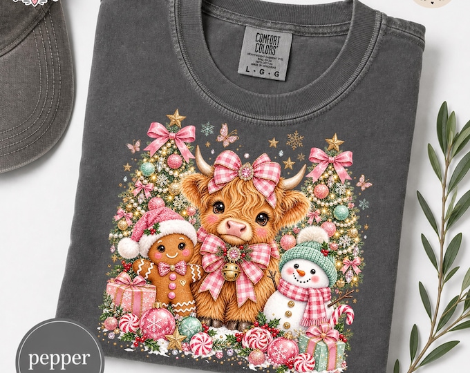 Christmas Highland Cow Shirt | Cute Cow Christmas Tee | Pink Bow Holiday Shirt | Gingerbread Snowman Christmas T-Shirt | Cow Lover Gift