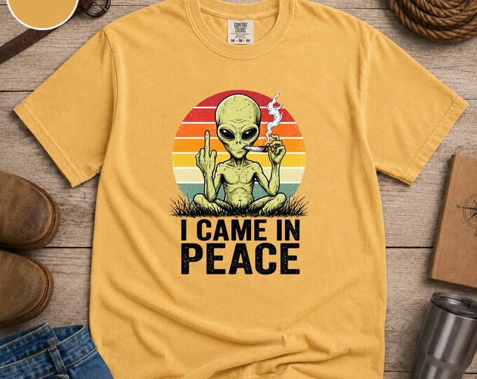 Alien Holding Peace Sign I Came in Peace T-Shirt | Retro Sunset Graphic