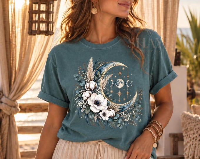 Boho Celestial Moon Shirt, Floral Crescent Moon Tee, Botanical Comfort Colors Shirt, Mystical Bohemian Tee, Moon Phase Nature Shirt
