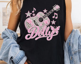 Dolly Faux Rhinestone Guitar Tank Top, Comfort Colors Country Music Tank, Pink Butterfly Western Top, Dolly Parton Tribute Top