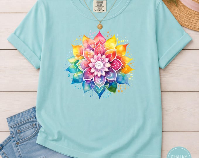 Watercolor Mandala Shirt, Comfort Colors 1717 Tee, Colorful Boho Graphic T-Shirt, Rainbow Mandala Shirt, Yoga Meditation Gift for Women
