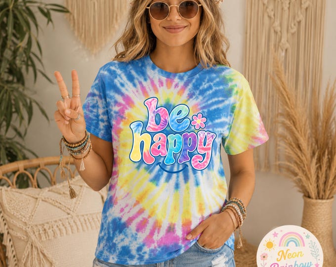 Be Happy Daisy Tie Dye Tee | Blue Spiral Tie-Dye T-Shirt