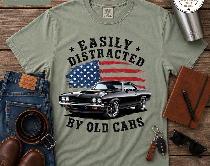 Easily Distracted By Old Cars | Vintage Dodge Charger R/T Tee | Classic Muscle Car Tee | Flag Car Shirt | Comfort Colors® | Gift Car Guys