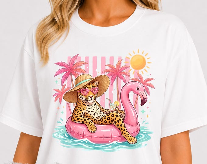 Leopard on Flamingo Pool Float T-Shirt | Tropical Palm Sunset