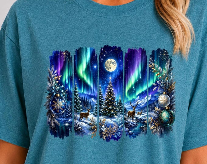 Northern Lights Christmas Tree T-Shirt | Aurora Borealis Holiday Tee