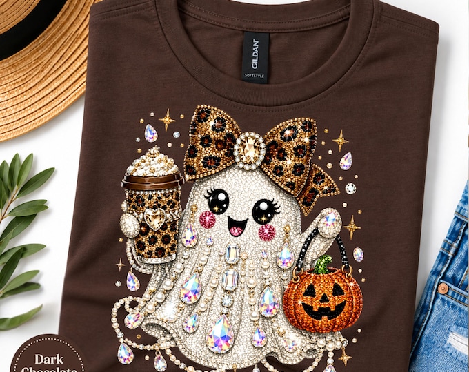 Glam Glitter Faux Rhinestone / Gem Ghost Leopard Bow Halloween T-Shirt | Pumpkin Latte sparkle ghost Girly Tee