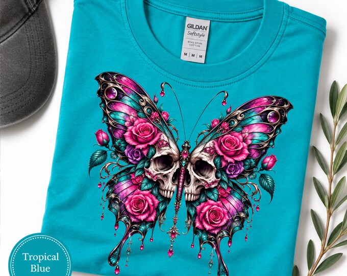 Skull Butterfly Shirt, Gothic Floral Tee, Butterfly Skull Graphic Shirt, Tattoo Style T-Shirt, Rose Skull Shirt, Alternative Women’s Tee
