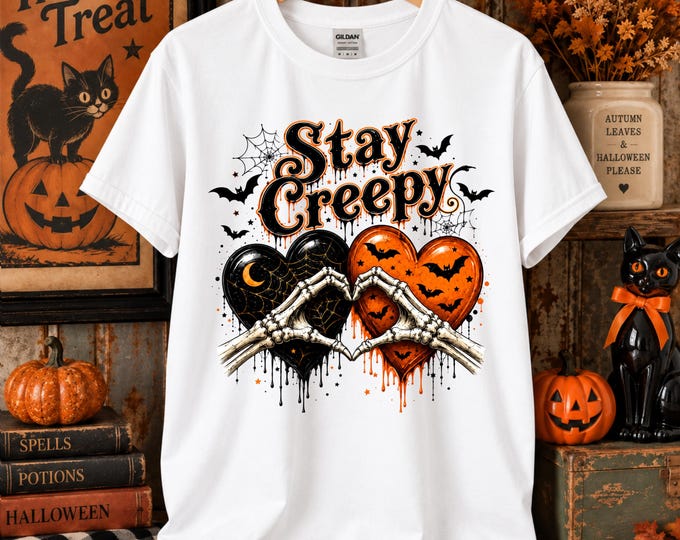 Stay Creepy Halloween Shirt, Skeleton Hearts, Gothic Retro Tee