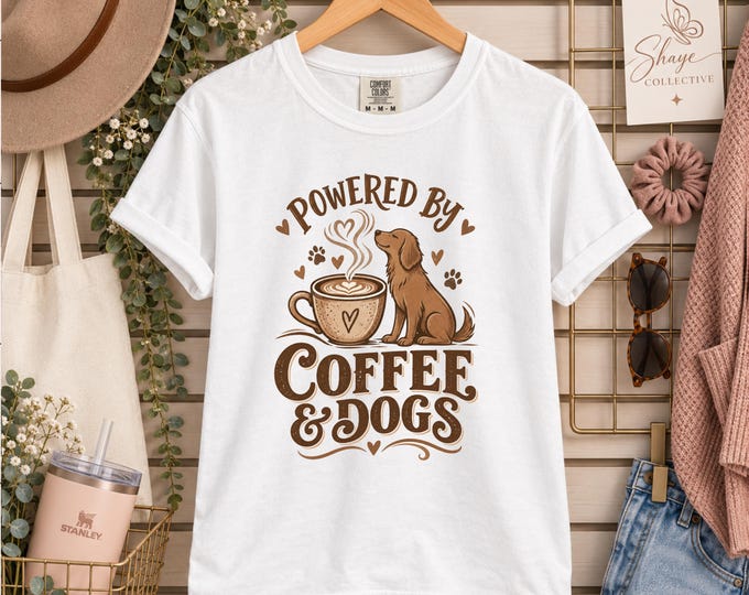 Powered By Coffee & Dogs T-Shirt | Coffee Dog Lover Tee
