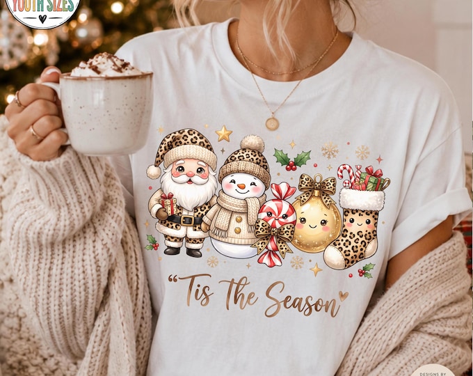 Tis the Season Christmas Comfort Colors Tee | Cute Leopard Holiday Shirt | Santa Snowman Christmas Graphic Tee | Cozy Christmas Gift