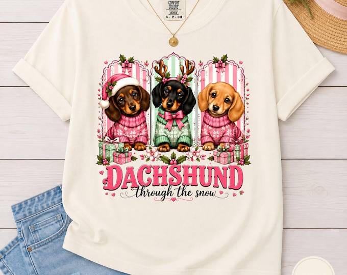 Dachshund Through the Snow Christmas Shirt | Wiener Dog Tee | Pink Coquette Puppy Graphic | Festive Pet Mom Gift | Comfort Colors Top