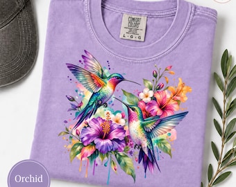 Watercolor Hummingbirds Floral Print T-shirt | Colorful Bird Art Tee | Gorgeous Watercolor Hibiscus Flowers (Comfort Colors Tee)