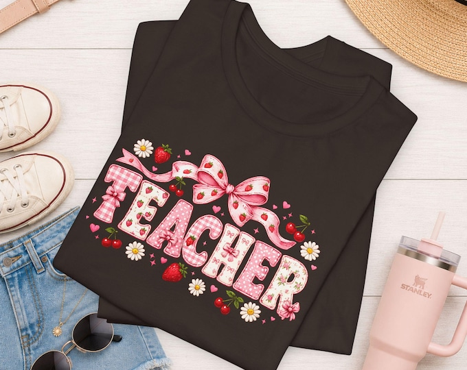 Teacher floral heart bow T-Shirt | Valentine apple school teacher tee
