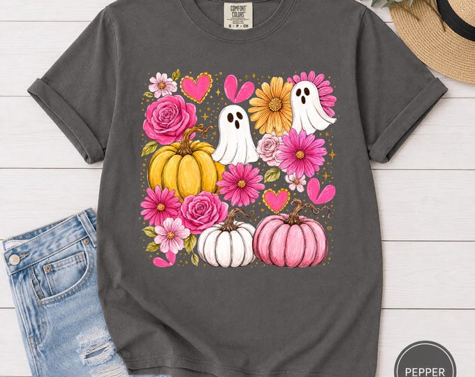 Pink Ghost Halloween Shirt | Floral Pumpkin Graphic Tee | Girly Spooky Season Top | Coquette Fall T-Shirt | Comfort Colors Apparel