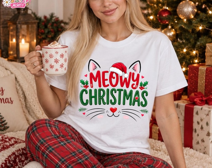 Meowy Christmas Shirt | Funny Cat Christmas T-Shirt | Cute Holiday Kitty Tee | Cat Lover Gift | Adult & Youth Sizes | Christmas Cat Shirt