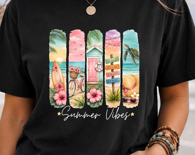 Summer Vibes Surfboard Columns T-Shirt | Beach Sunset Floral