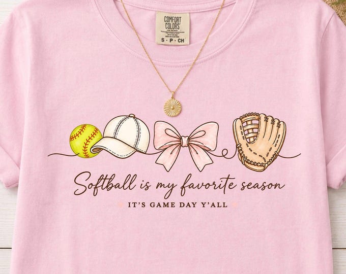 Softball Mom Shirt, Game Day Graphic Tee, Softball Season T-Shirt, Pink Bow Sports Top, Baseball Mama Gift, Comfort Colors Tee