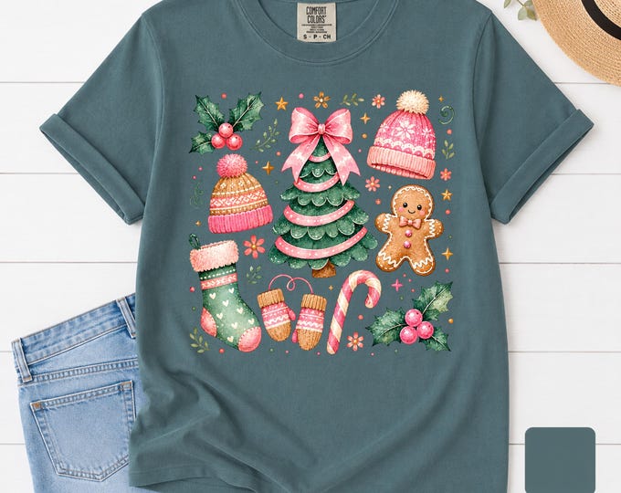 Pink Christmas Shirt | Gingerbread Holiday Graphic Tee | Coquette Xmas Tree T-Shirt | Candy Cane Girly Winter Top | Comfort Colors Gift